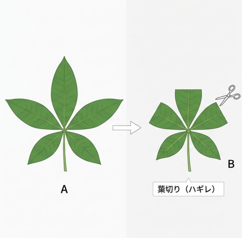 大きすぎる葉をカットしてバランスを整え、内側の芽に日光を当てる「葉切り」の手順を解説するスライド。