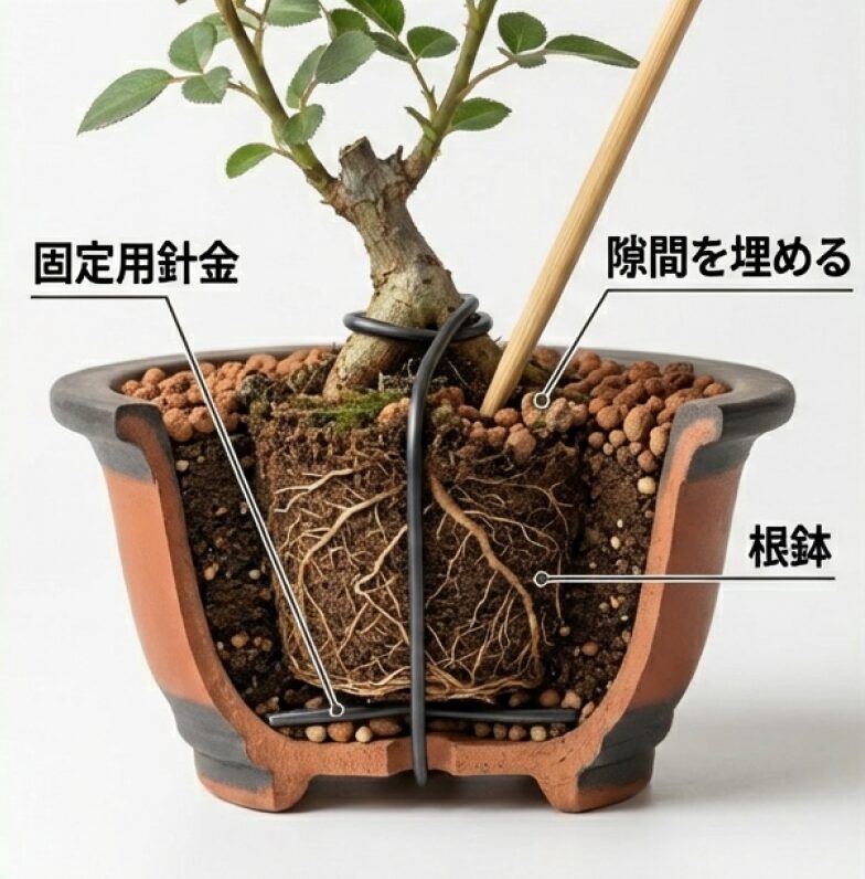 鉢底から通した針金で根鉢を固定する方法と、竹串で土の隙間を埋める手順の解説画像。