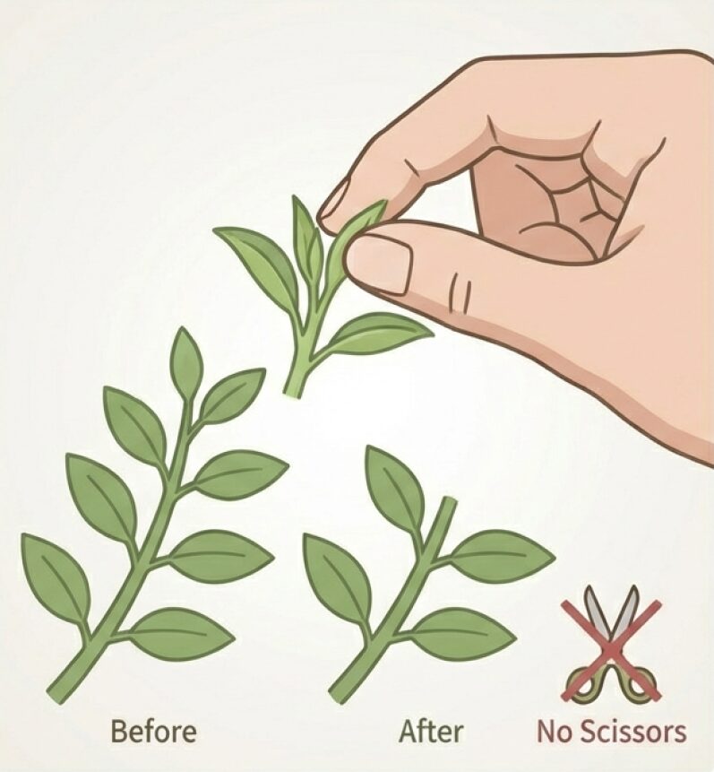 柔らかい新芽を指で摘み取る「芽摘み」のBefore/After。ハサミを使わずダメージを抑える方法を解説。