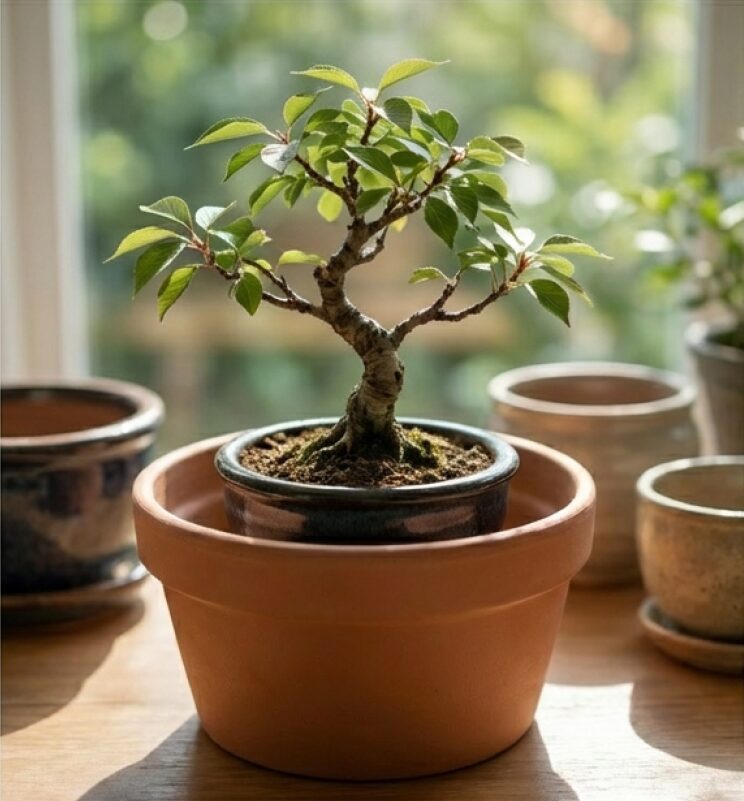 鉢を二重に重ねて温度上昇を防ぐ「二重鉢」の様子。真夏の強い西日や乾燥から根を守る工夫。