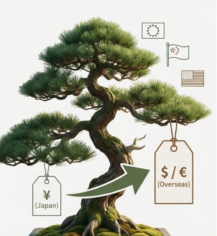 日本国内の相場を超え、海外富裕層へ「生きた宝石」として盆栽を届ける戦略。国別の人気樹種（真柏・黒松・モミジ等）と必須スキルの図解