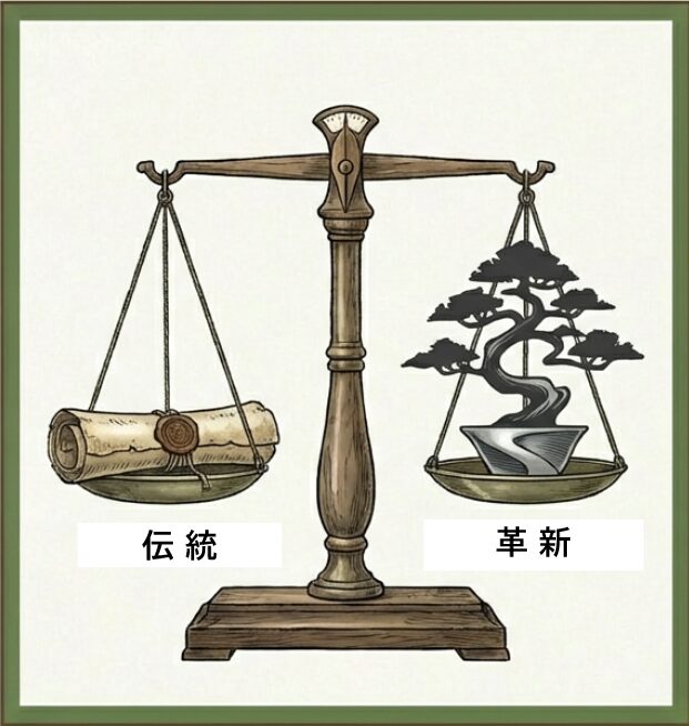 天秤の左側に古文書（伝統）、右側に現代的な盆栽（革新）を乗せ、両者のバランスによって進化する盆栽芸術を表現したイラスト。