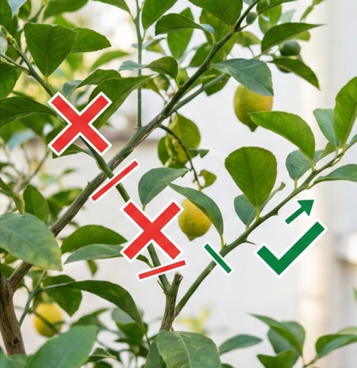 不要な枝に×印、残して伸ばす枝にチェックマークを入れた剪定の基本図。