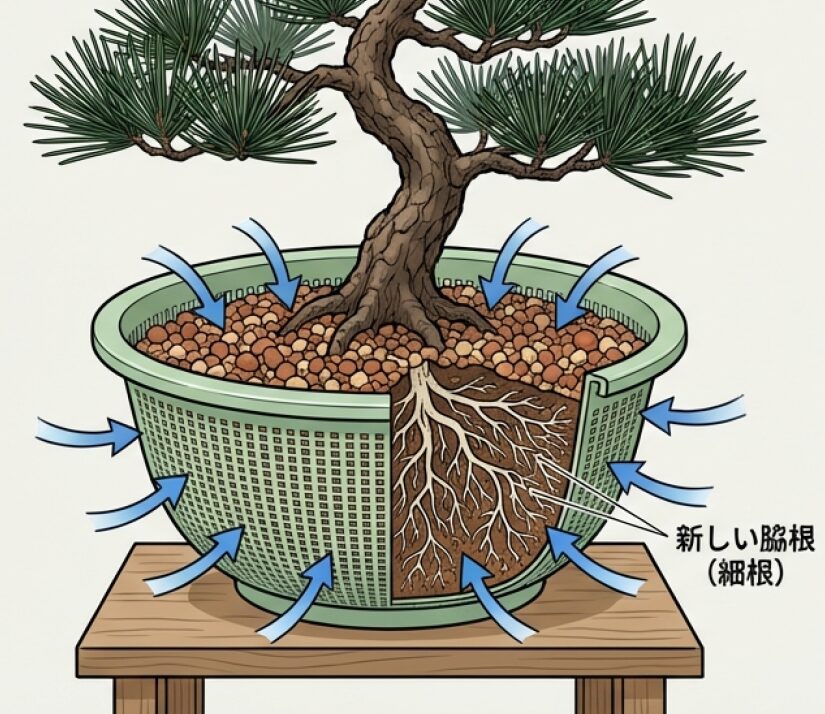 通気性の良いザルに植えることで酸欠を解消し、新しい脇根（細根）の発生を促すエアプルーニング効果の図解