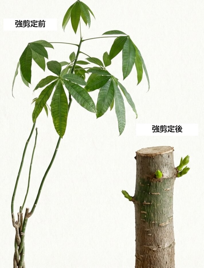 5月〜7月に枝葉をすべて切り落とし、幹から新しい芽を吹かせて樹形を作り直す「丸坊主」の手順を説明するスライド。