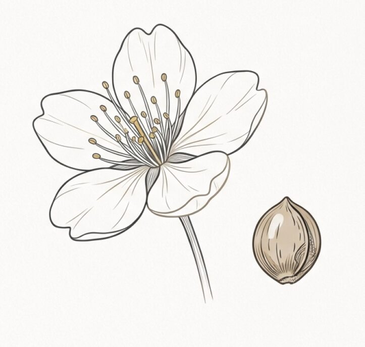 桜の種と花のイラスト。乾燥厳禁であることや開花まで4〜10年かかる旨の解説。