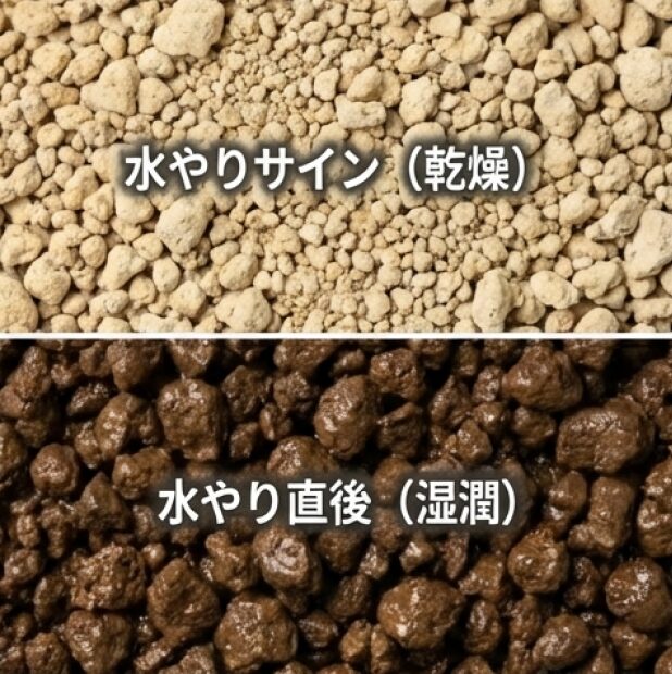 水やりが必要な「乾いた状態」の白い土と、水やり直後の「湿った状態」の黒い土の比較。