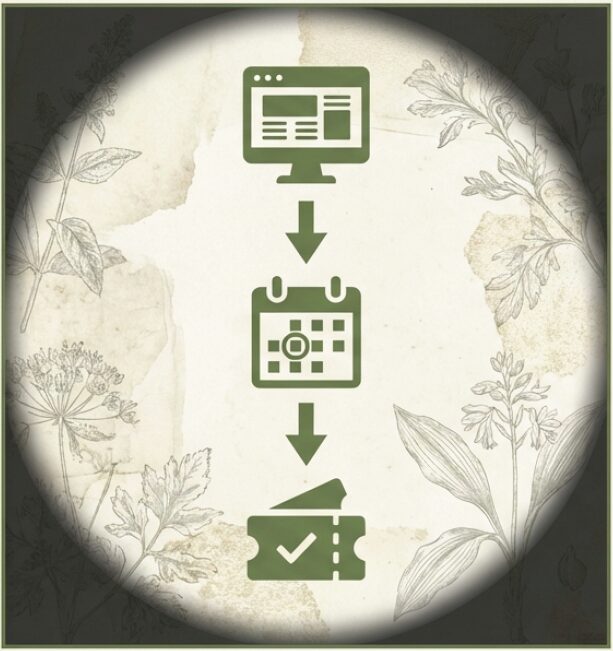 公式サイトへのアクセス、ガイドツアーの選択、日時の指定という予約完了までの3ステップをアイコンで示したフローチャート。