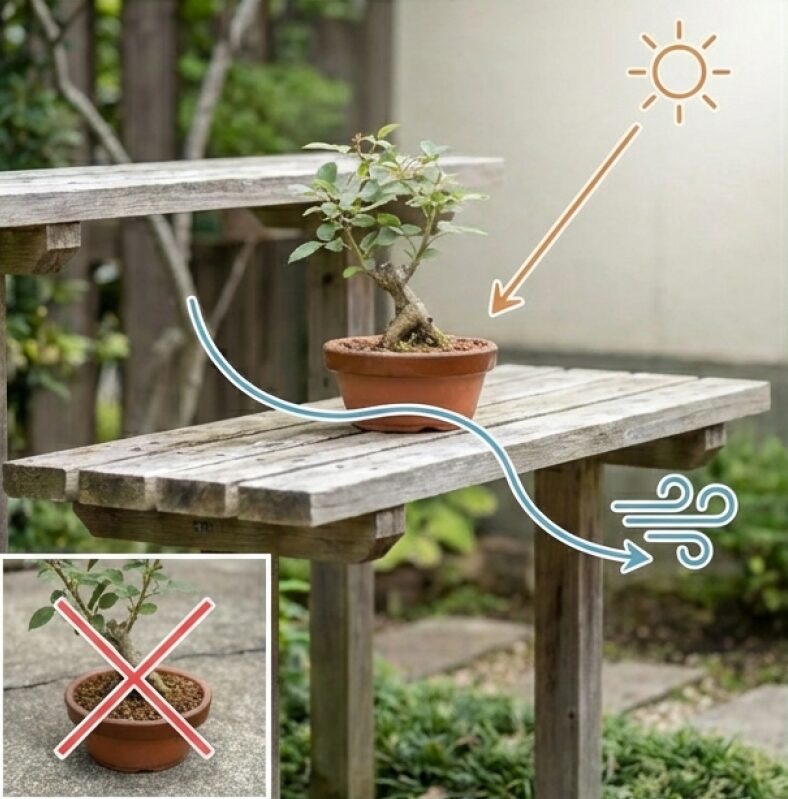 屋外で1日4時間以上の日照と、風通しの良い棚の上に置くことの重要性を説明する画像。