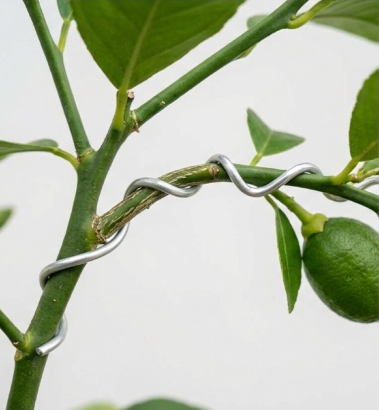 枝に対して45度の角度でアルミ線を巻いている様子のクローズアップ画像。