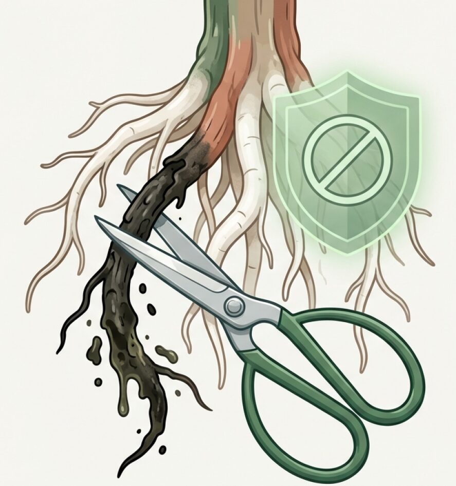 根腐れした黒い根のみを清潔なハサミで切り、生きた白い根を守る緊急植え替えのポイント