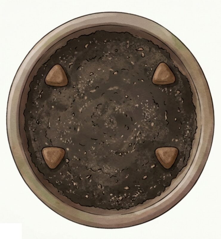 鉢の縁に置かれた4つの固形肥料の配置図。花後（お礼肥）と冬（寒肥）に与えるタイミングを説明。