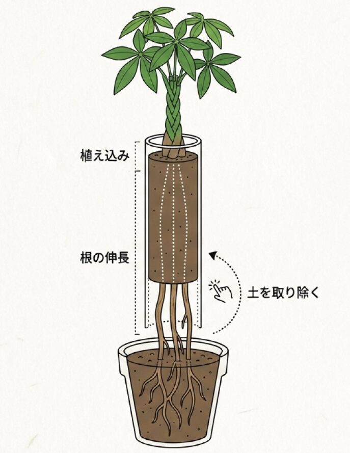 長い筒を使って根を伸ばし、徐々に土を落として根を空気に晒すことで木質化させる根上がり仕立てのステップを解説するスライド。