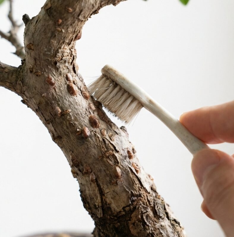 古い歯ブラシを使って盆栽の幹に付いたカイガラムシを優しくこすり落としている様子