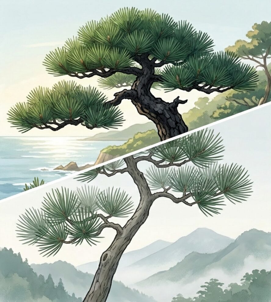 タフで水を好む「黒松」と、根が繊細で湿気を嫌う「五葉松」それぞれの特徴に合わせた管理方法の比較