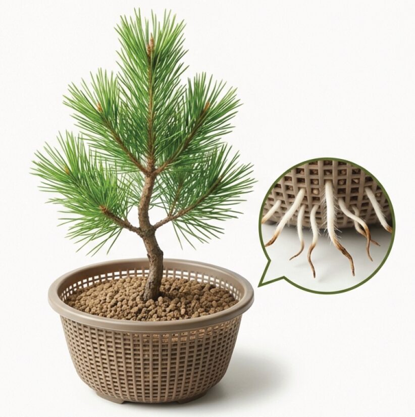 プラスチックザルを使用し、空気による根の剪定効果（エアープルーニング）で幹を太らせる仕組みの解説。