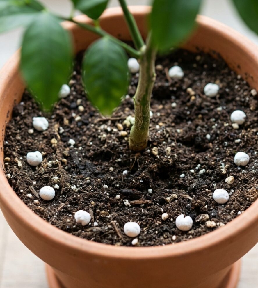 鉢の縁に沿って置かれた固形肥料の写真。