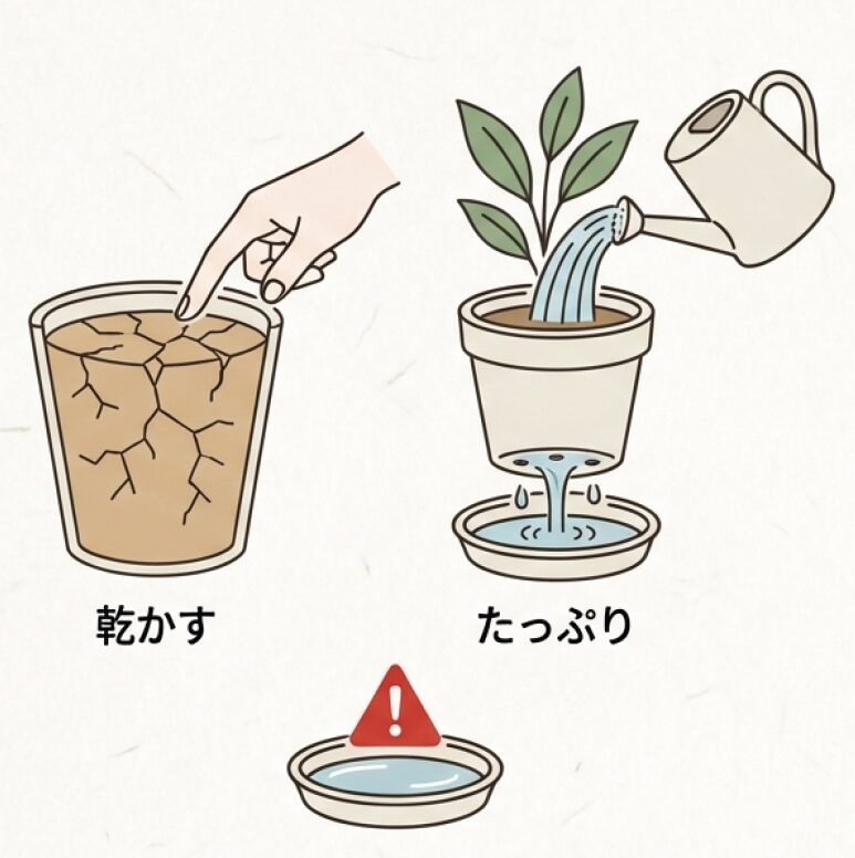 土の表面が乾いてから鉢底から出るまでたっぷり与えること、受け皿の水を捨てることを強調した水やりの基本スライド。