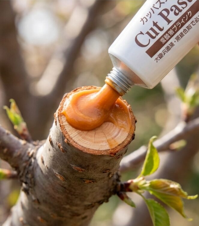 枝の切り口に癒合剤を塗っている様子。腐朽菌の侵入を防ぐために「切ったら塗る」を徹底する重要性。