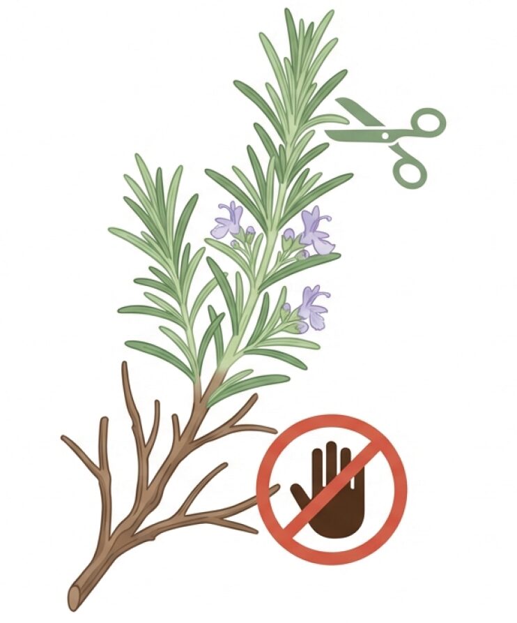 ローズマリー剪定の注意点。茶色の木質部まで深く切らず、必ず緑の葉を残して切る図解