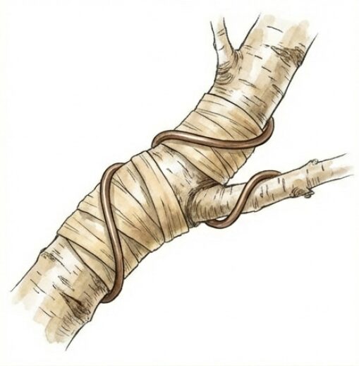 樹皮を保護テープで巻いてから針金をかけ、食い込む前に外す手順の図解