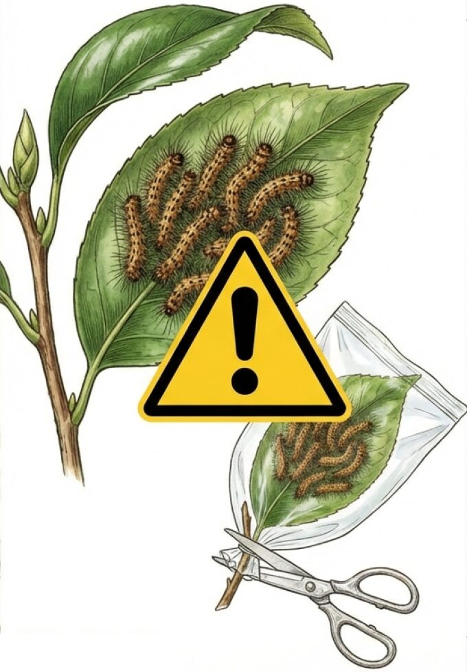 毒蛾チャドクガの発生時期と、素手で触れずに枝ごと密封して処分する対策の図解。