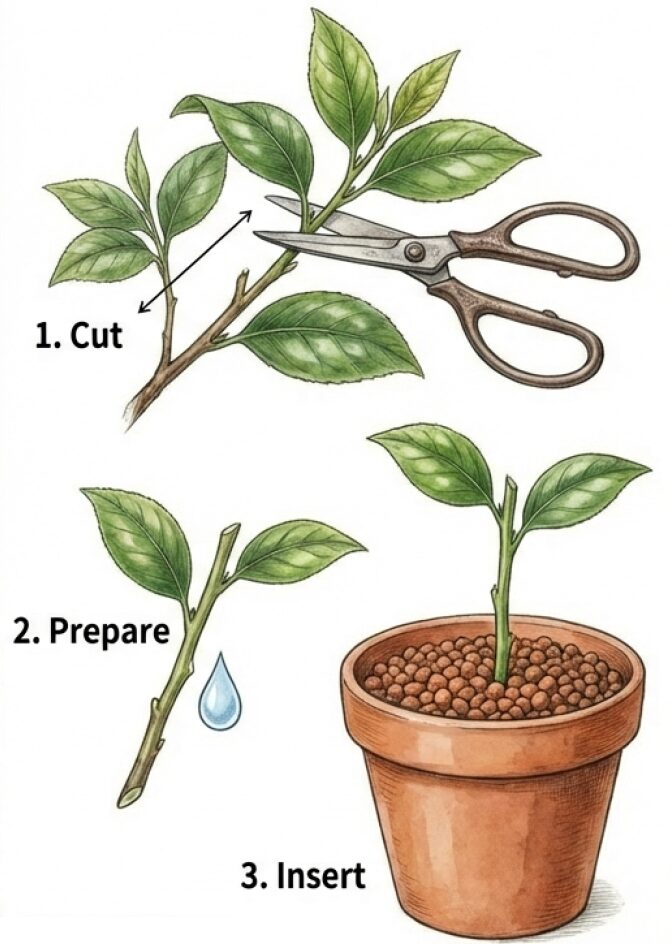 6月の新芽を使い、下葉を取って清潔な土に挿し、根が出るまで動かさずに管理する方法を示すイメージ図。