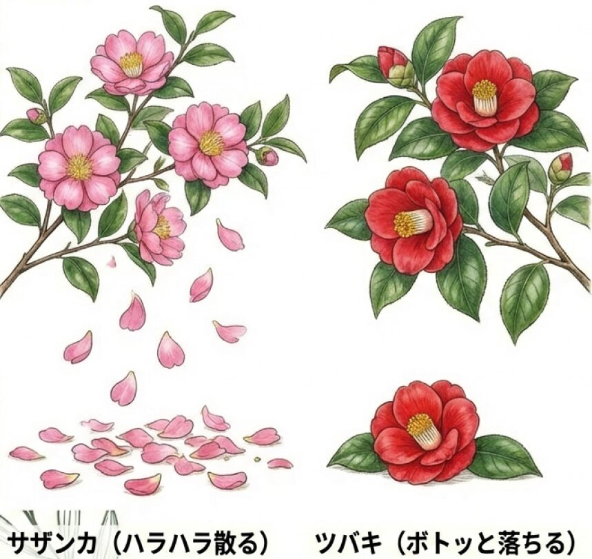 花びらが一枚ずつ散る山茶花と、花ごと落ちる椿の散り方の違いを示すイラスト。