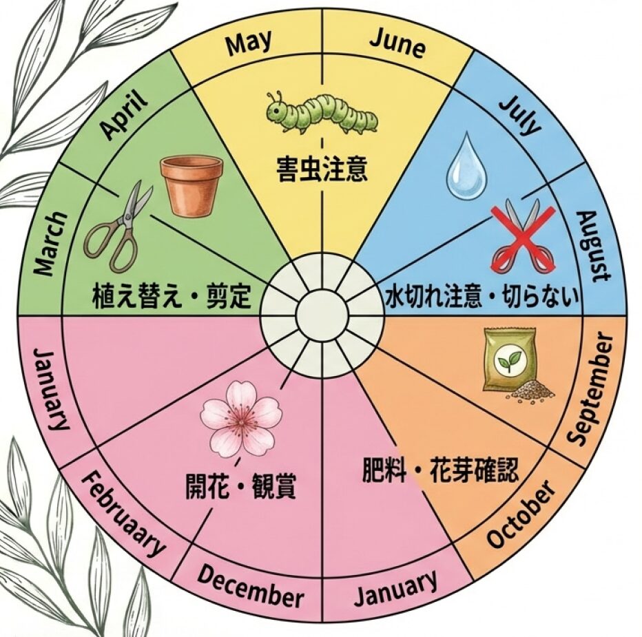 植え替え、剪定、水切れ注意、肥料、開花時期を月別にまとめた年間管理スケジュール表。