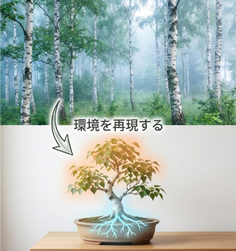 白樺は陽樹だが蒸し暑さが苦手で、鉢の中で高原の涼しさを再現することが重要と説明する図解