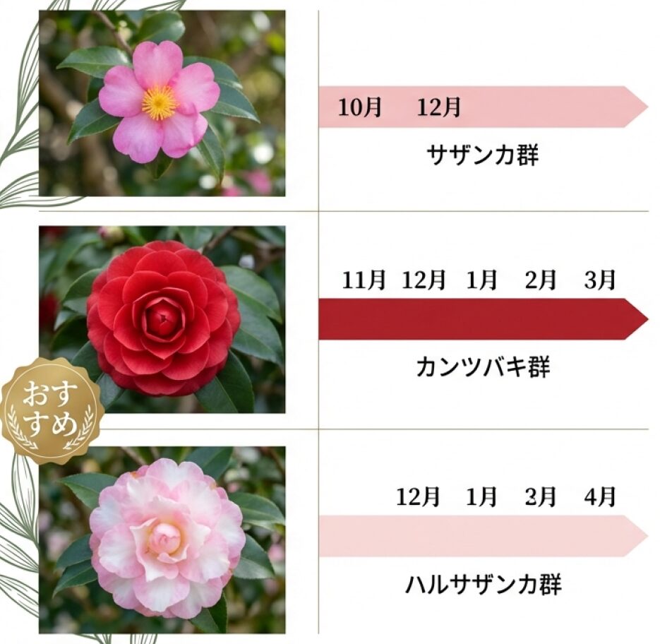 ザンカ群、カンツバキ群、ハルサザンカ群の開花時期と、初心者にカンツバキ群がおすすめである理由をまとめた図解。