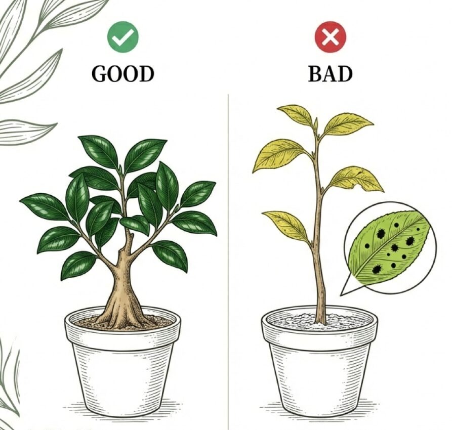 根元の安定感、葉の裏の汚れ、枝の詰まり具合を確認する苗木選びのポイントのイメージ図