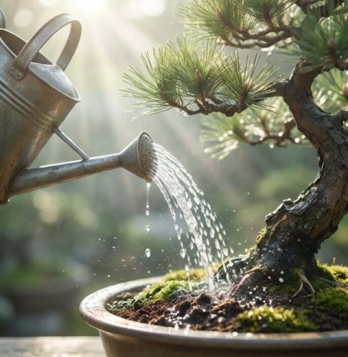 猛暑日の松の管理。朝のたっぷりとした水やりと、夕方の乾き具合の確認、二番芽を育むための環境づくりについての説明。