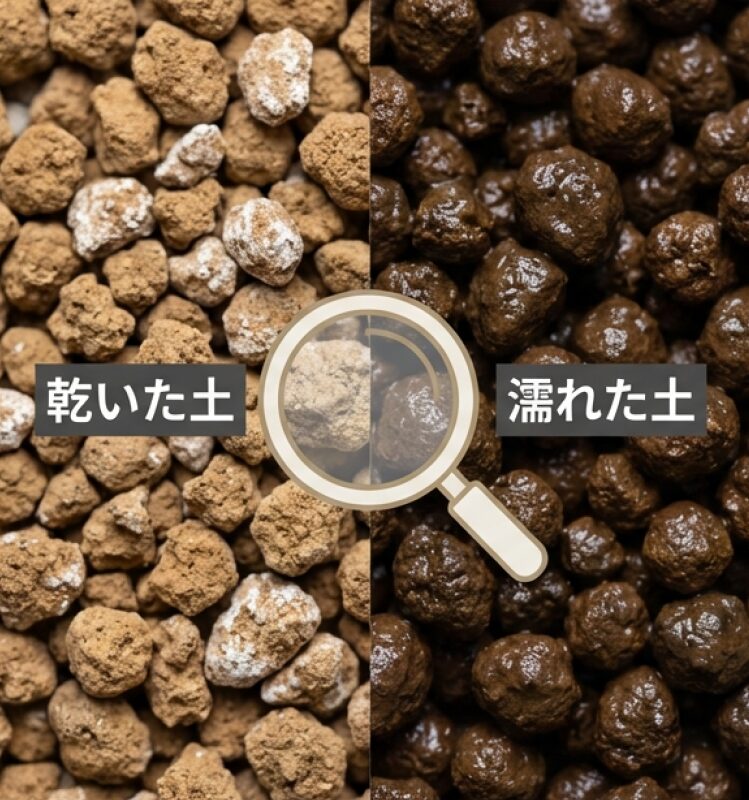 乾いた白い土と濡れた黒い土の比較画像と、土の表面を見て水やりを判断する手順