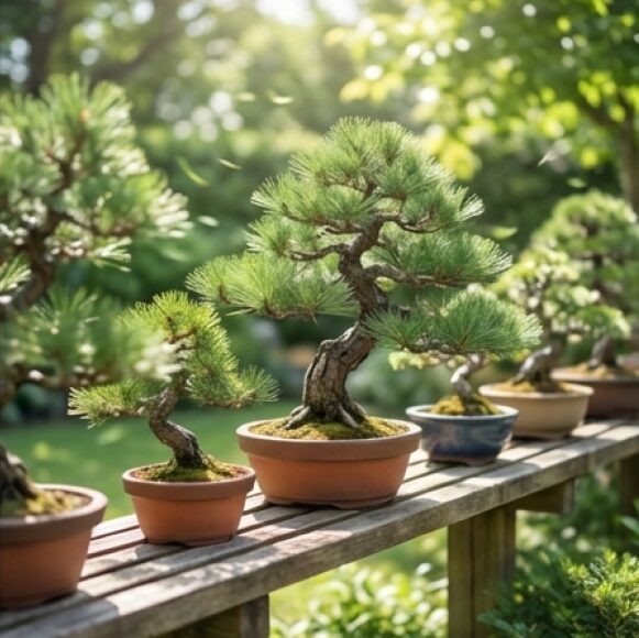 松の盆栽の置き場所。風通しの良い棚の上に置き、鉢同士の間隔をあける。コンクリート直置き厳禁。