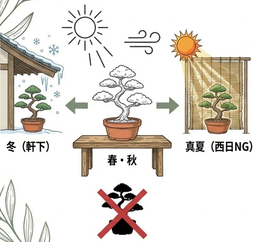 春秋の日当たり、夏の西日対策、冬の軒下管理など、季節に合わせた屋外管理のイラスト図。