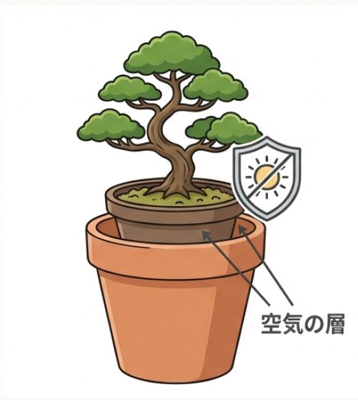 鉢を二重にして空気の層を作り、根の高温障害を防ぐ断熱の仕組みのイラスト