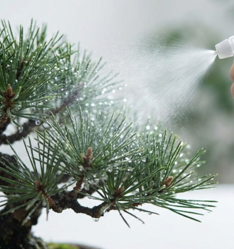 朝夕の涼しい時間帯に行う葉水(霧吹き)の画像。