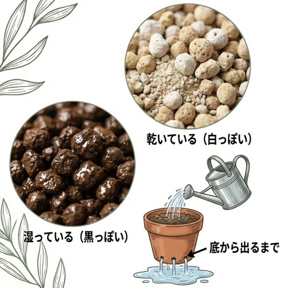 土の表面が白く乾いた状態を合図に、鉢底から出るまでたっぷり水を与えるイメージ図。