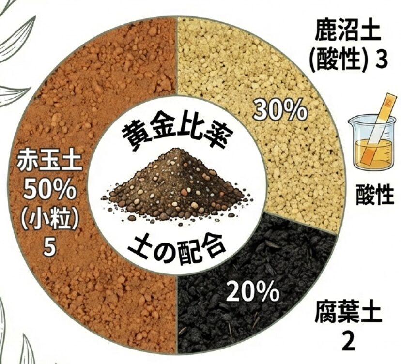 赤玉土5、鹿沼土3、腐葉土2を基本とする、山茶花に適した弱酸性の土づくり配合比図。
