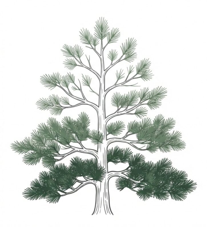 松の葉透かしによる勢力調節の解説。勢いの強い樹冠部は葉を少なめに、弱い下枝は葉を多めに残すことで、樹全体の力を均一にするイメージ図。