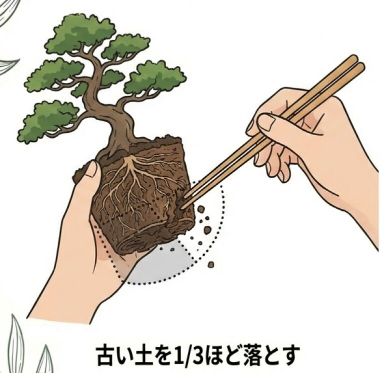 鉢から抜いて古い土を3分の1ほど落とし、根を乾かさないように植え替える手順のイラスト。