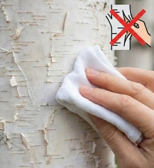 無理に皮を剥がさず、柔らかい布で優しく汚れを払う様子と、無理に剥がすと病気の原因になる警告