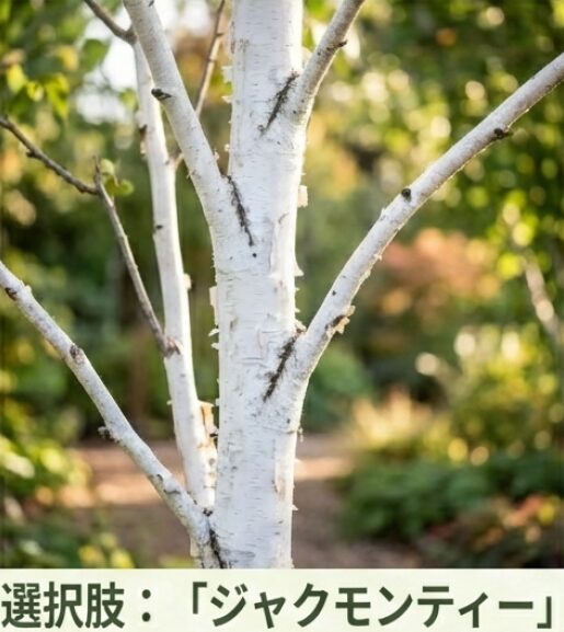 暖地向け品種ジャクモンティーの紹介と、若いうちから幹が白くなる特徴の説明